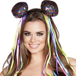 Rainbow Sequin Headband Ribbons Head Piece Ears